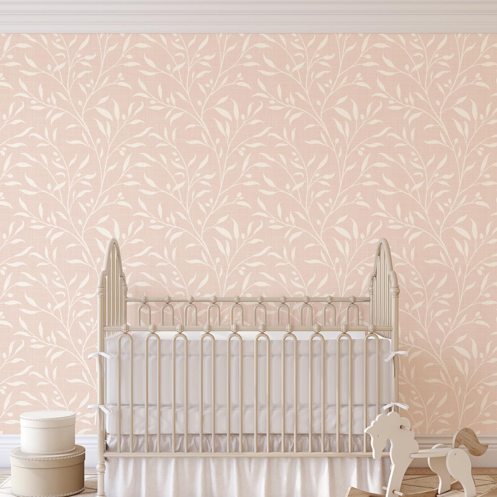 pink wallpaper for baby girl nursery or girls room, shown in removable peel and stick or pre-pasted. A pastel coquette boho chick botanical print for french country or cottagecore inspired spaces.