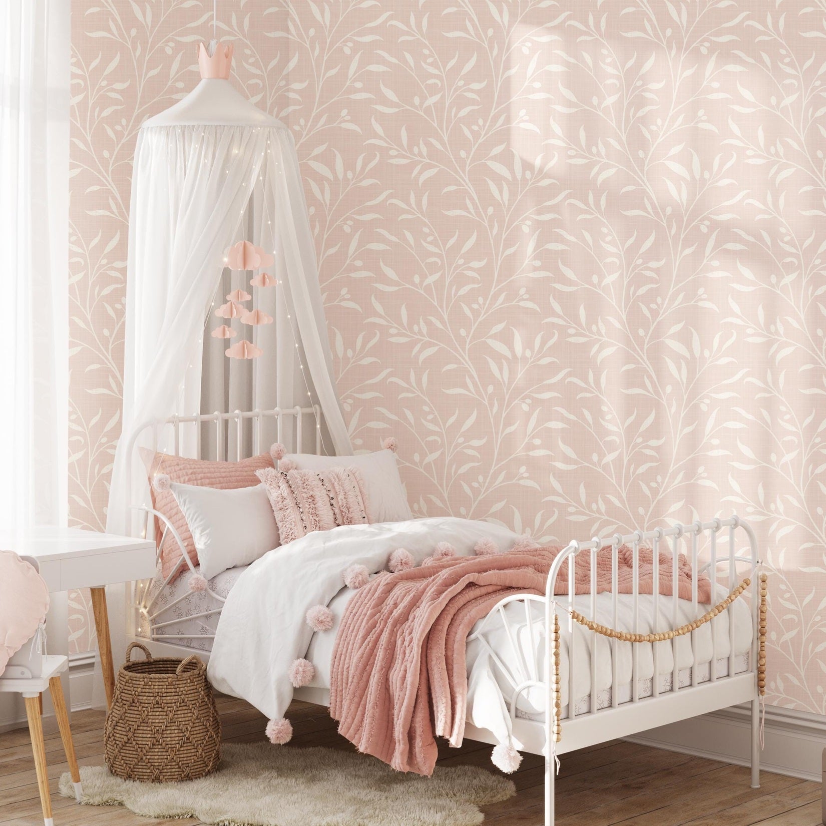 pink wallpaper for baby girl nursery or girls room, shown in removable peel and stick or pre-pasted. A pastel coquette boho chick botanical print for french country or cottagecore inspired spaces.