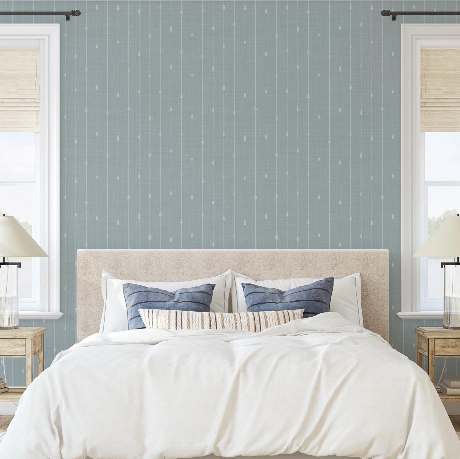 Blue stripe wallpaper for boys ocean nursery, baby boy room, or coastal toddler space. Shown in renter-friendly DIY style, available in peel and stick or prepasted options. Great for bathrooms, powder rooms, accent walls, or nautical baby nursery.