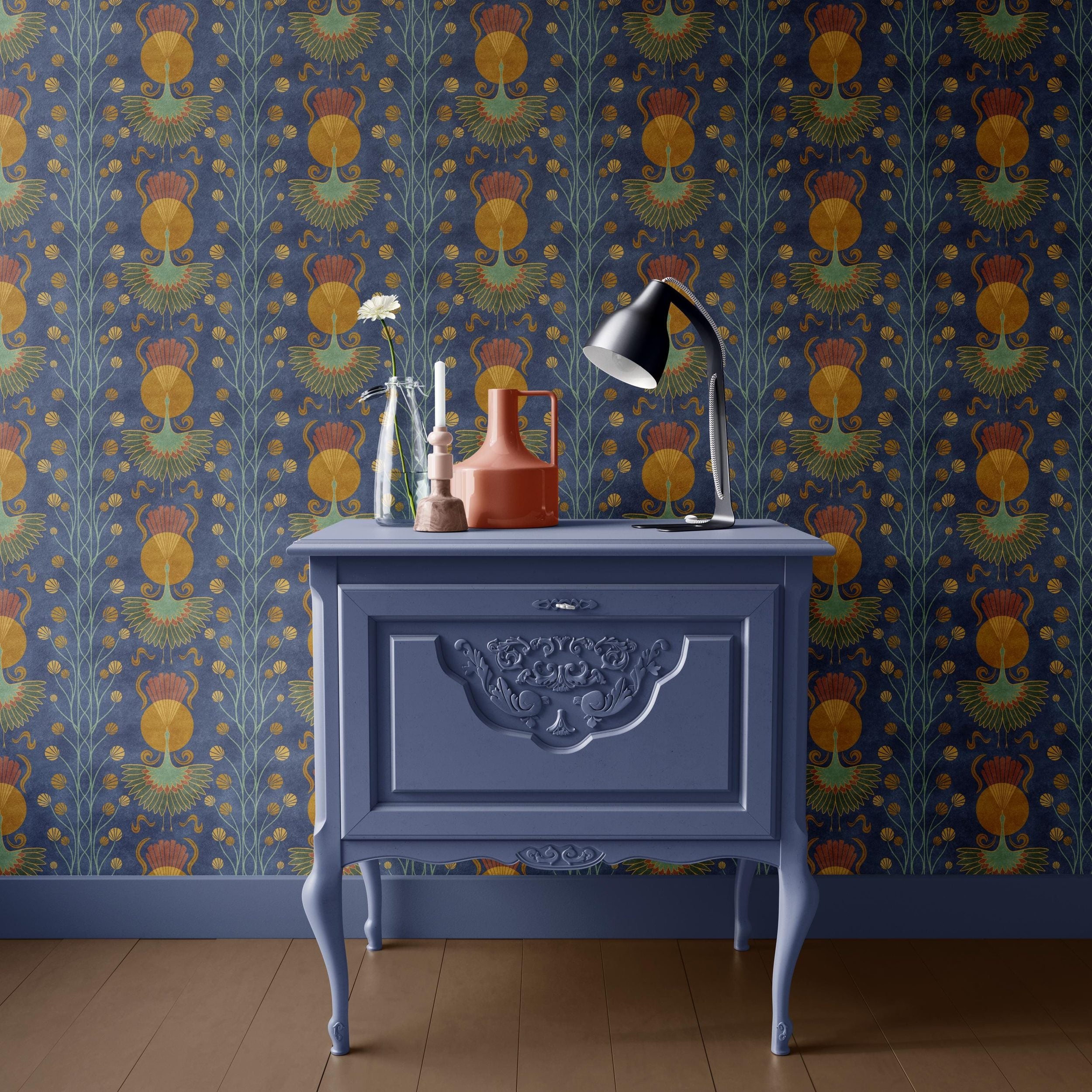Shown here in peel and stick removable wallpaper. Hand-drawn Art Deco crane design in dark navy blue with moody botanical accents. Available in sample swatches. Ideal for bathroom walls, accent walls, and bedrooms.