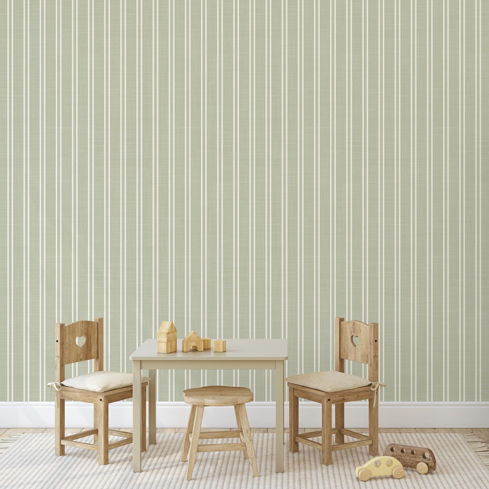 sage green striped wallpaper peel and stick or prepasted for baby boy nursery, toddler room, kids bedroom, living room, hallway or kitchen accent wall. Earth toned neutral with linen look texture for a classic traditional farmhouse style.