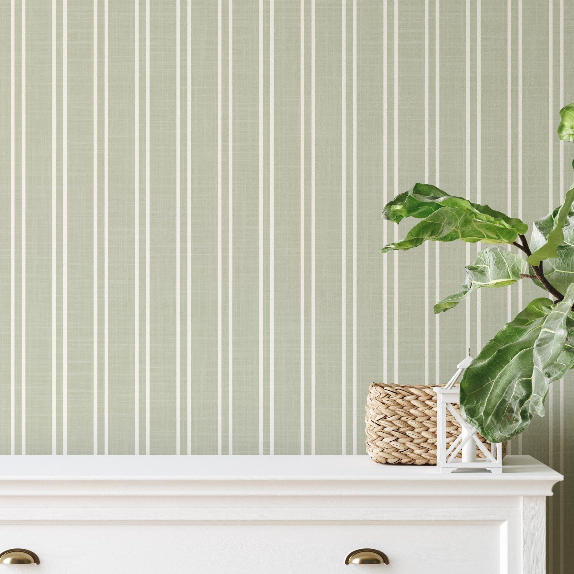 sage green striped wallpaper peel and stick or prepasted for baby boy nursery, toddler room, kids bedroom, living room, hallway or kitchen accent wall. Earth toned neutral with linen look texture for a classic traditional farmhouse style.