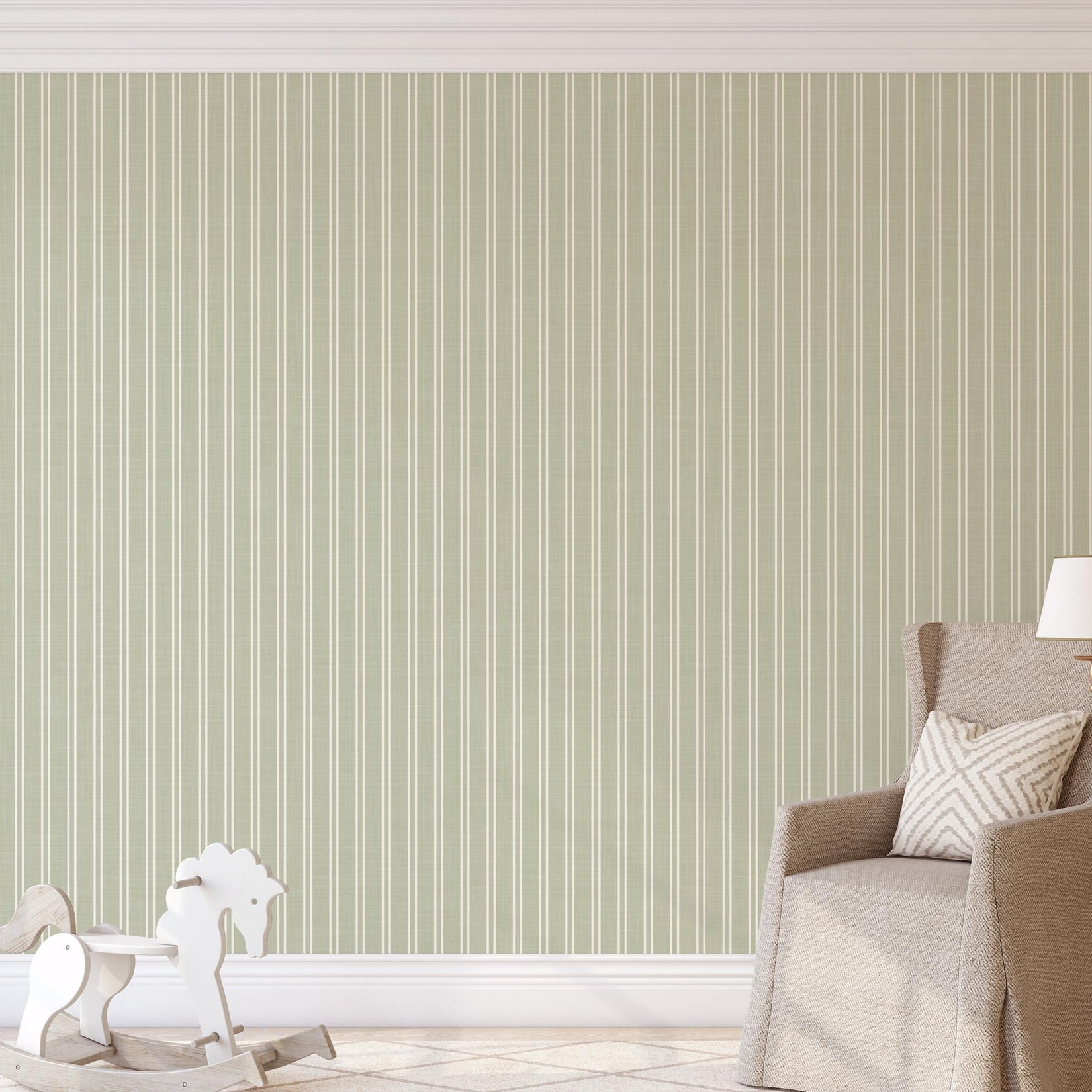 sage green striped wallpaper peel and stick or prepasted for baby boy nursery, toddler room, kids bedroom, living room, hallway or kitchen accent wall. Earth toned neutral with linen look texture for a classic traditional farmhouse style.