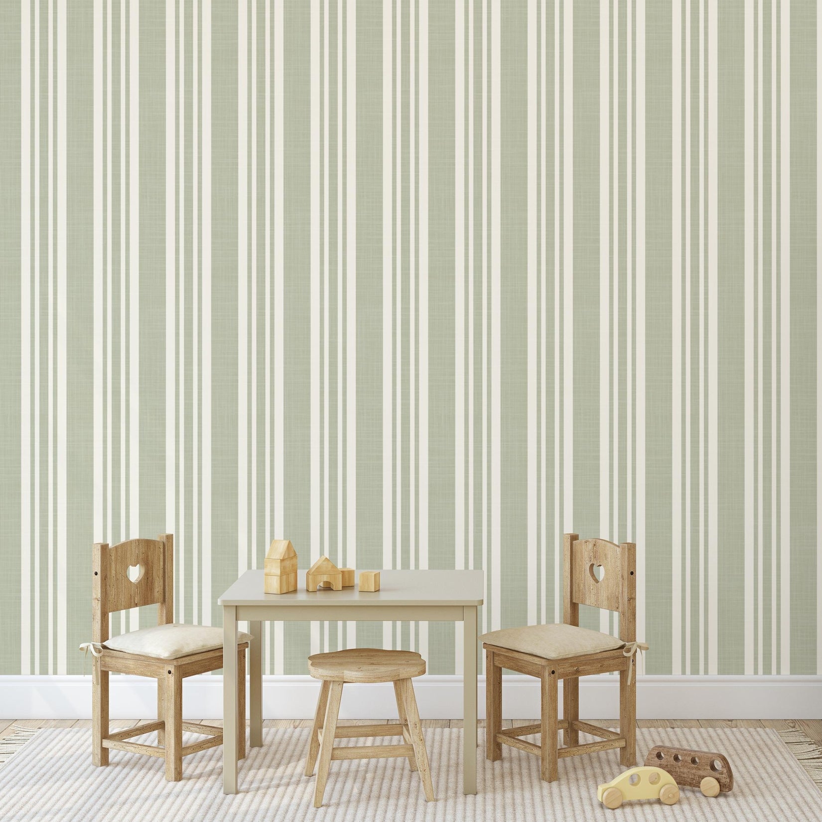 sage green striped wallpaper peel and stick or prepasted for baby boy nursery, toddler room, kids bedroom, living room, hallway or kitchen accent wall. Earth toned neutral with linen look texture for a classic traditional farmhouse style.