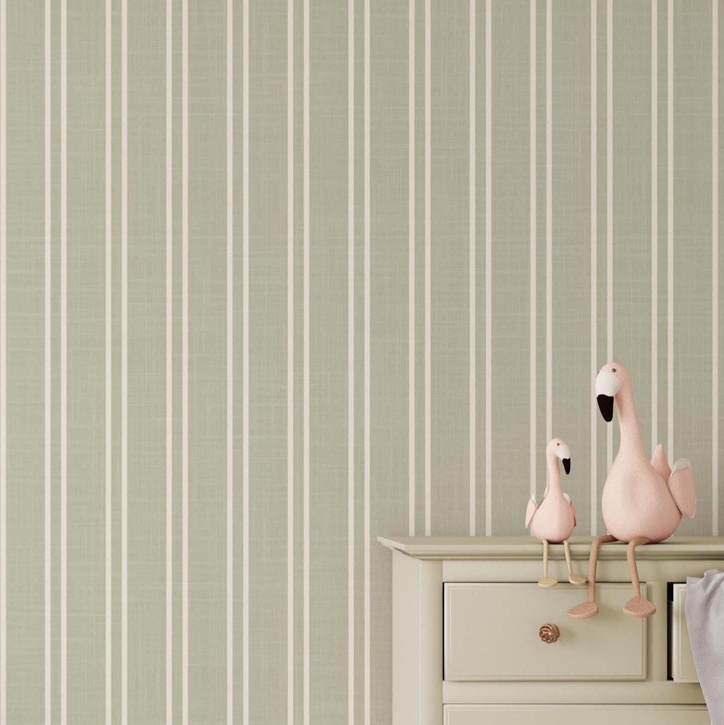 sage green striped wallpaper peel and stick or prepasted for baby boy nursery, toddler room, kids bedroom, living room, hallway or kitchen accent wall. Earth toned neutral with linen look texture for a classic traditional farmhouse style.