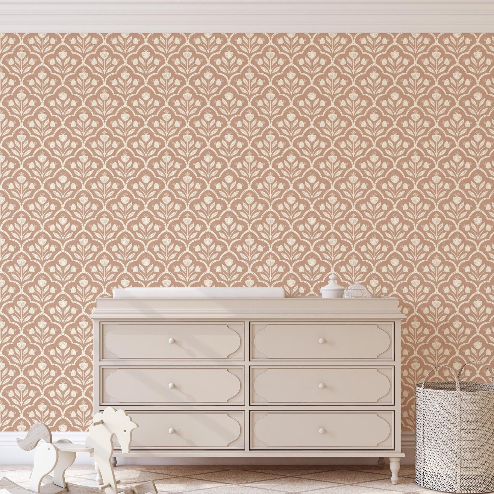 warm brown neutral peel and stick wallpaper with vintage floral for boys and girls nursery wall French country and cottagecore decor