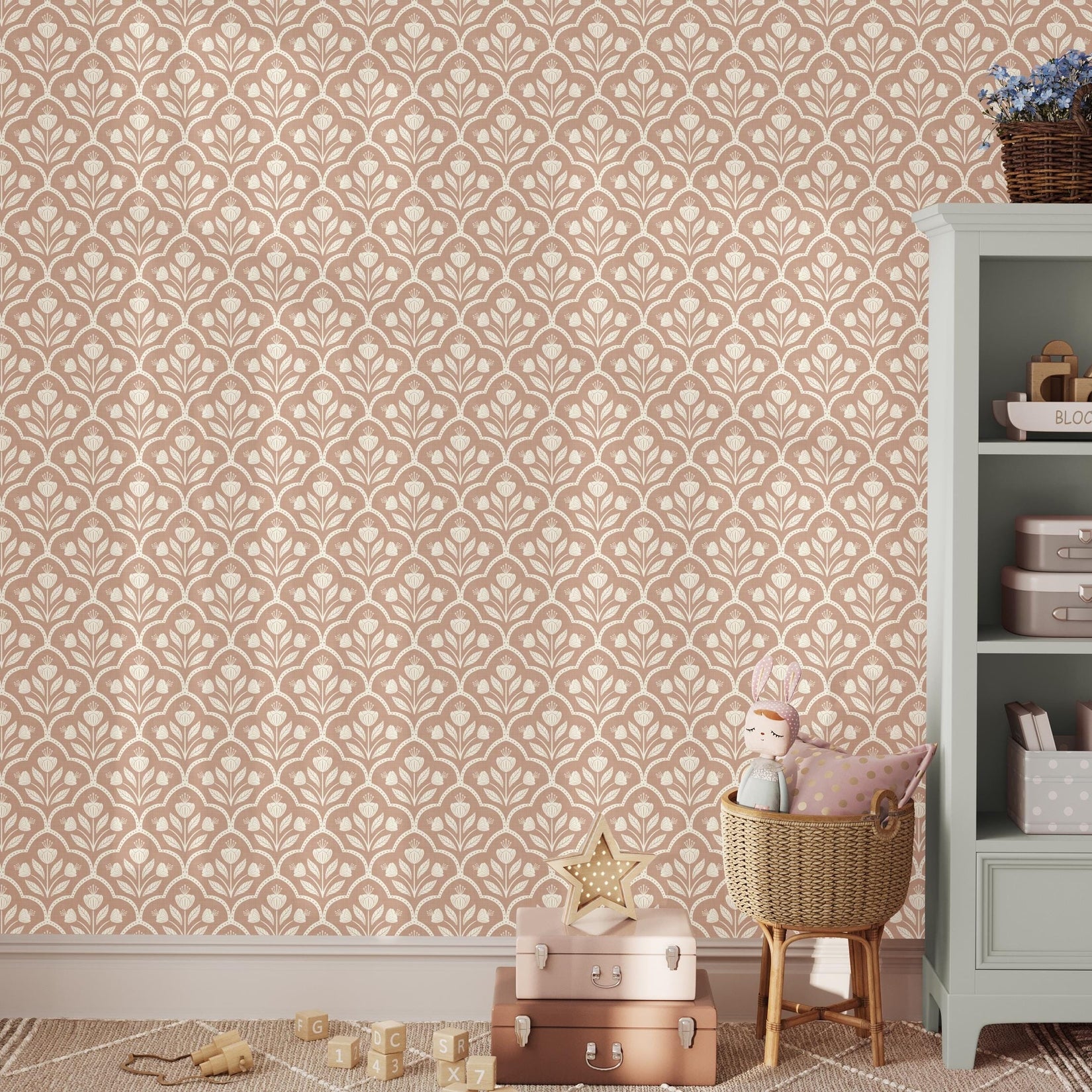 warm brown neutral peel and stick wallpaper with vintage floral for boys and girls nursery wall French country and cottagecore decor