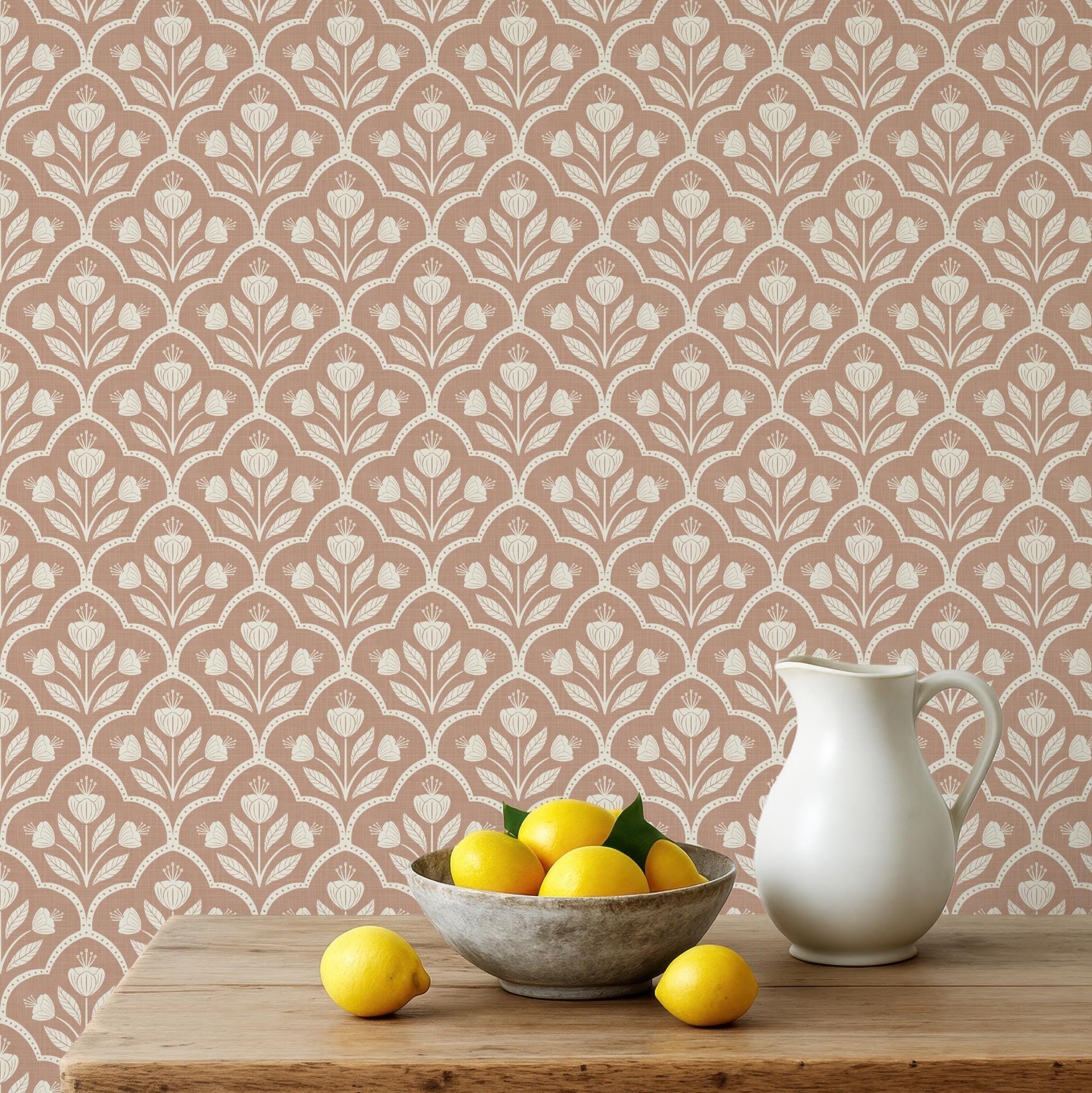 warm brown neutral peel and stick wallpaper with vintage floral for boys and girls nursery wall French country and cottagecore decor