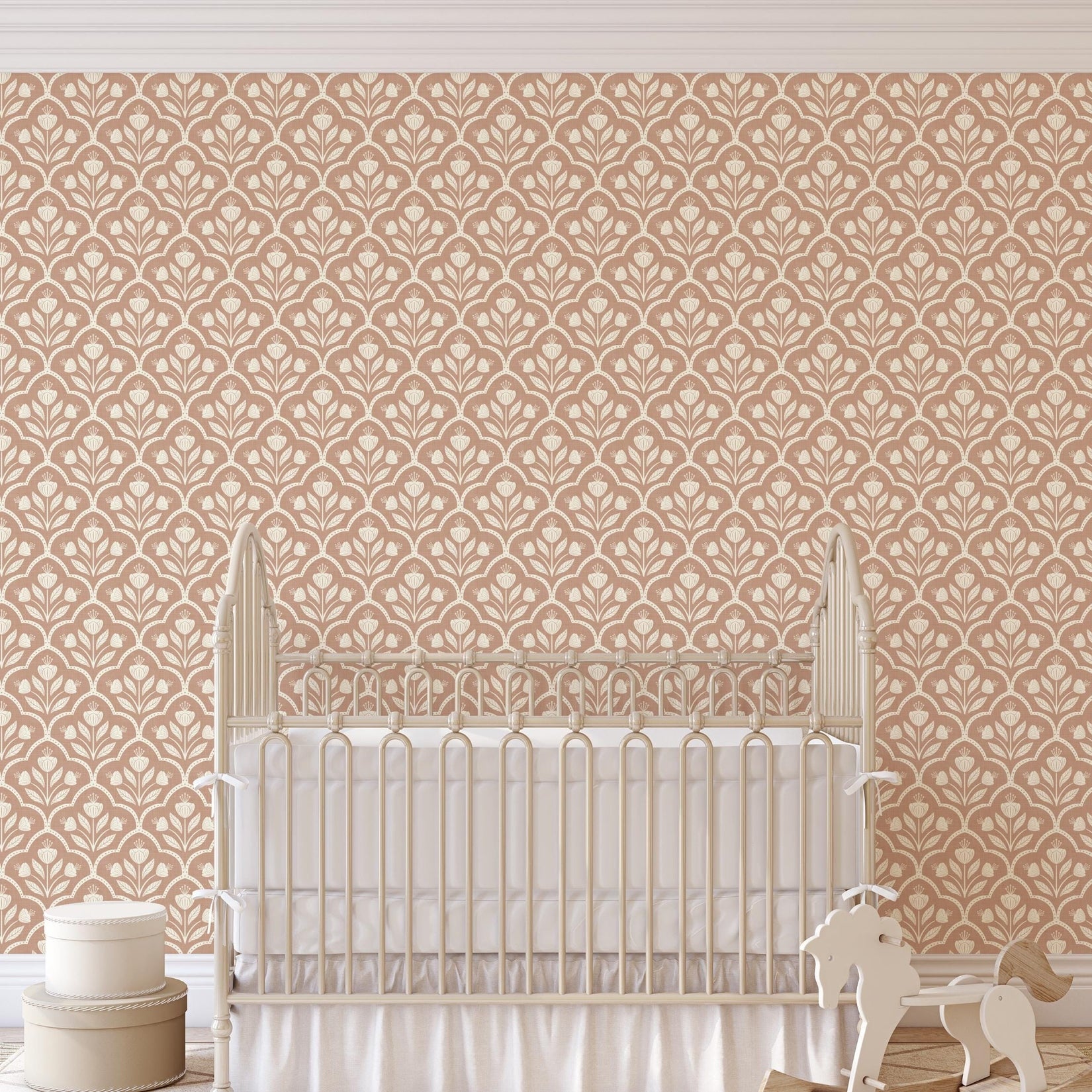 warm brown neutral peel and stick wallpaper with vintage floral for boys and girls nursery wall French country and cottagecore decor