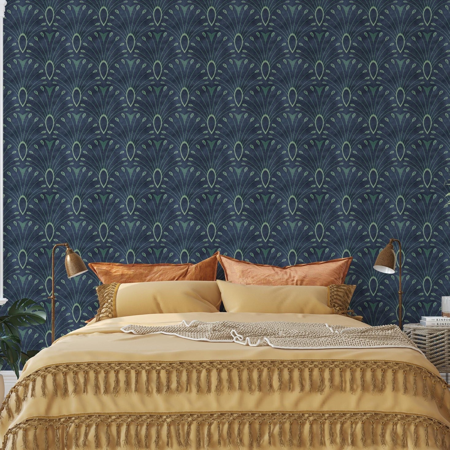 wallpaper peel and stick or prepasted shown in dark navy blue with abstract peacock bird feather pattern. An art deco mid century modern moroccan inspired tile like scallop pattern perfect for bathroom, bedroom, entryway, office, or dining room accent wall.