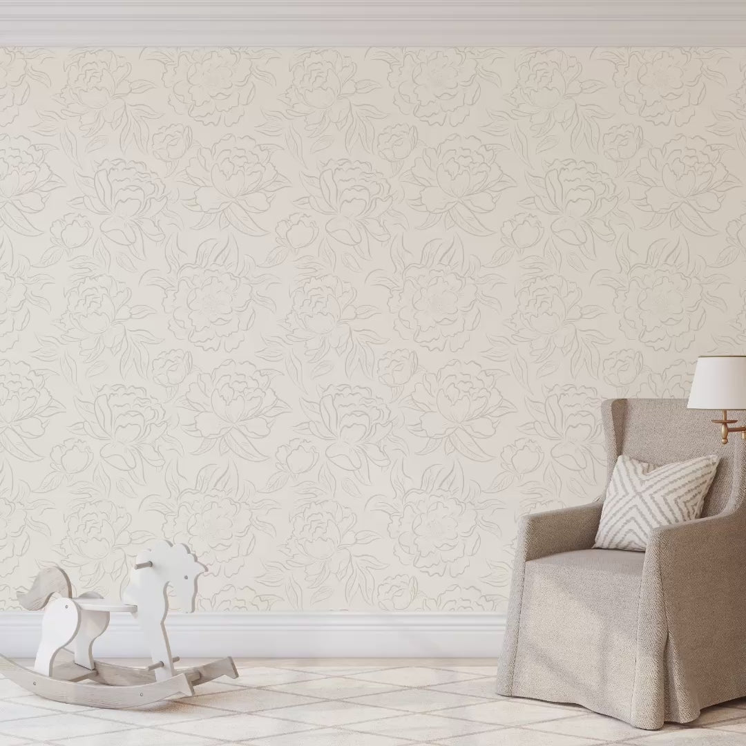 Video of neutral beige Peony Sketch floral wallpaper