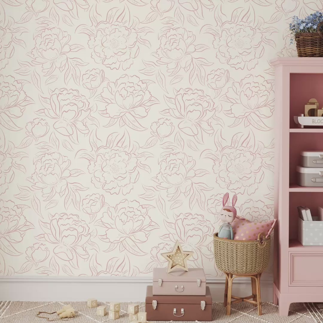 Video of blush pink Peony Sketch floral wallpaper