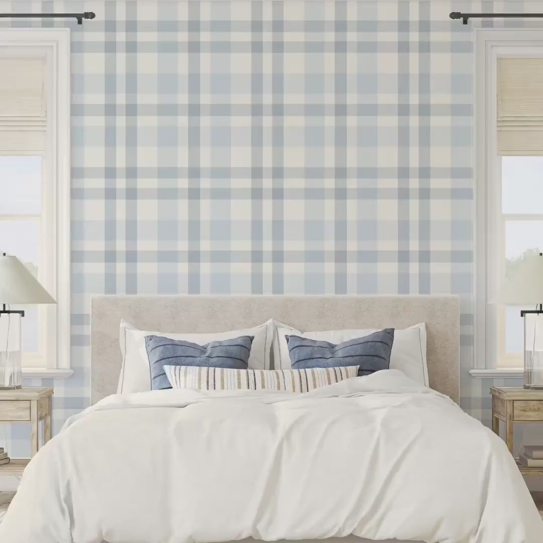 Video of light blue and white plaid wallpaper