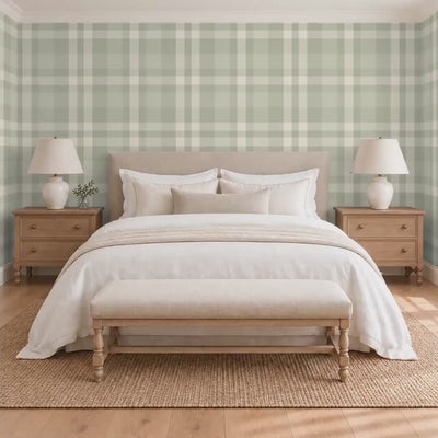 Video of sage green and cream plaid wallpaper