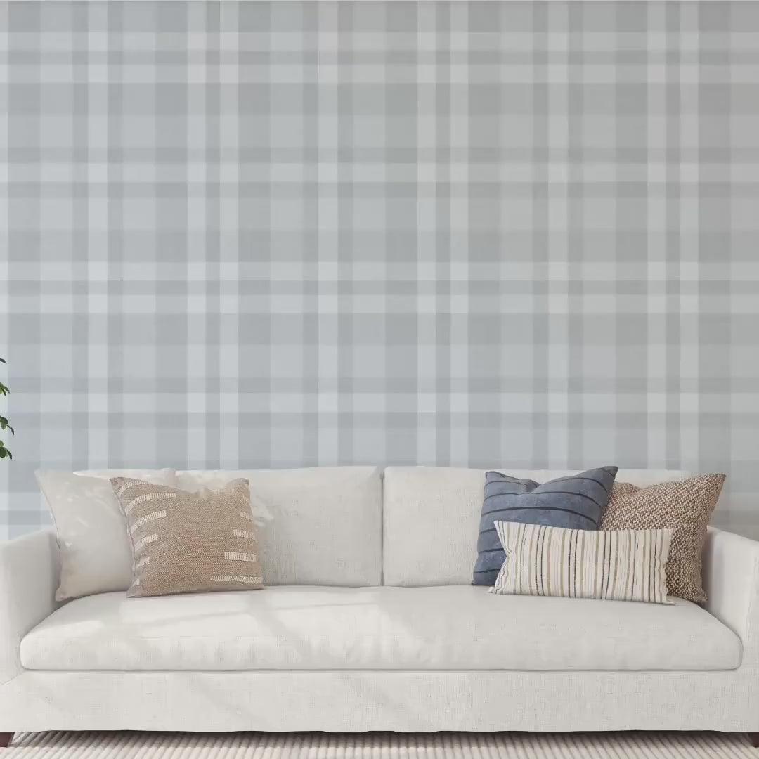 Video of dusty blue and white plaid wallpaper