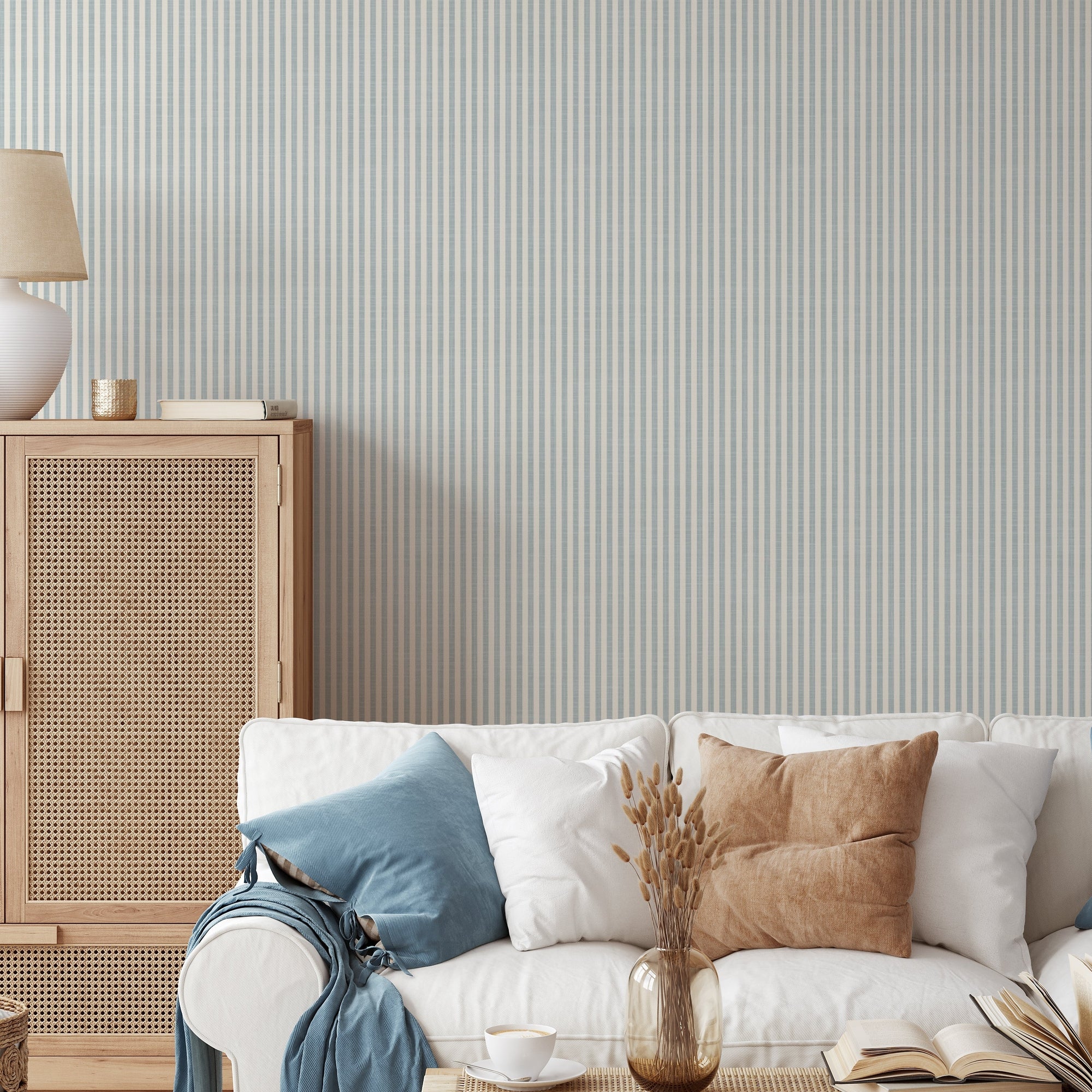 25027 A blue stripe wallpaper available in peel and stick (removable), prepasted, and traditional nonpasted / unpasted