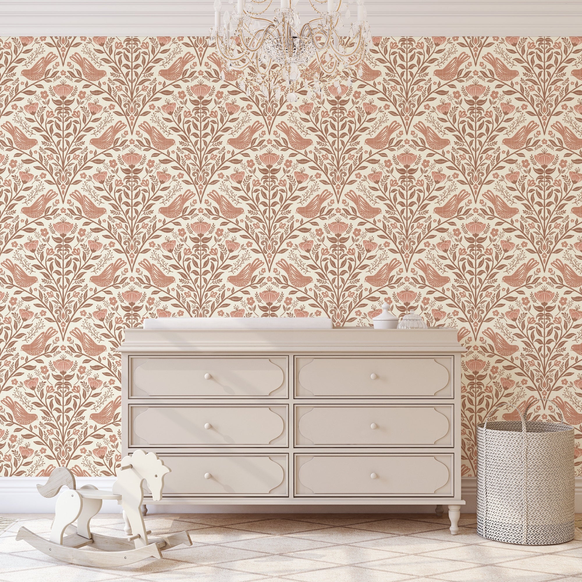 bird botanical wallpaper shown in peel and stick prepasted or traditional nonpasted with cherry blossom flowers in neutral brown and rust red