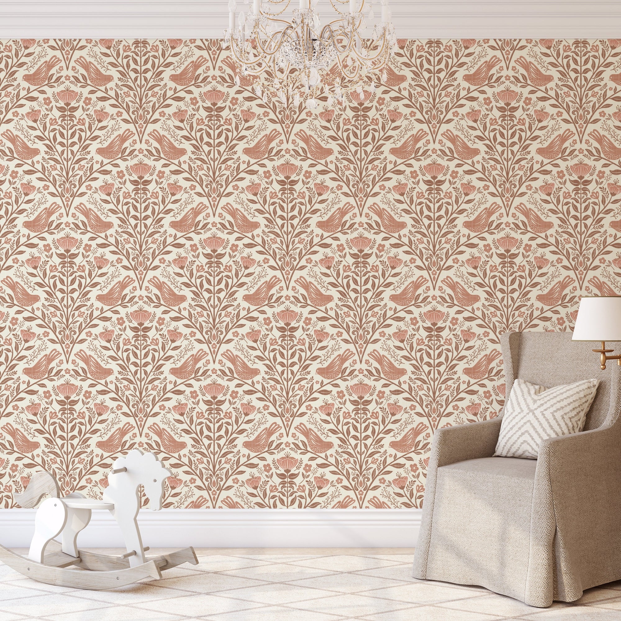 bird botanical wallpaper shown in peel and stick prepasted or traditional nonpasted with cherry blossom flowers in neutral brown and rust red