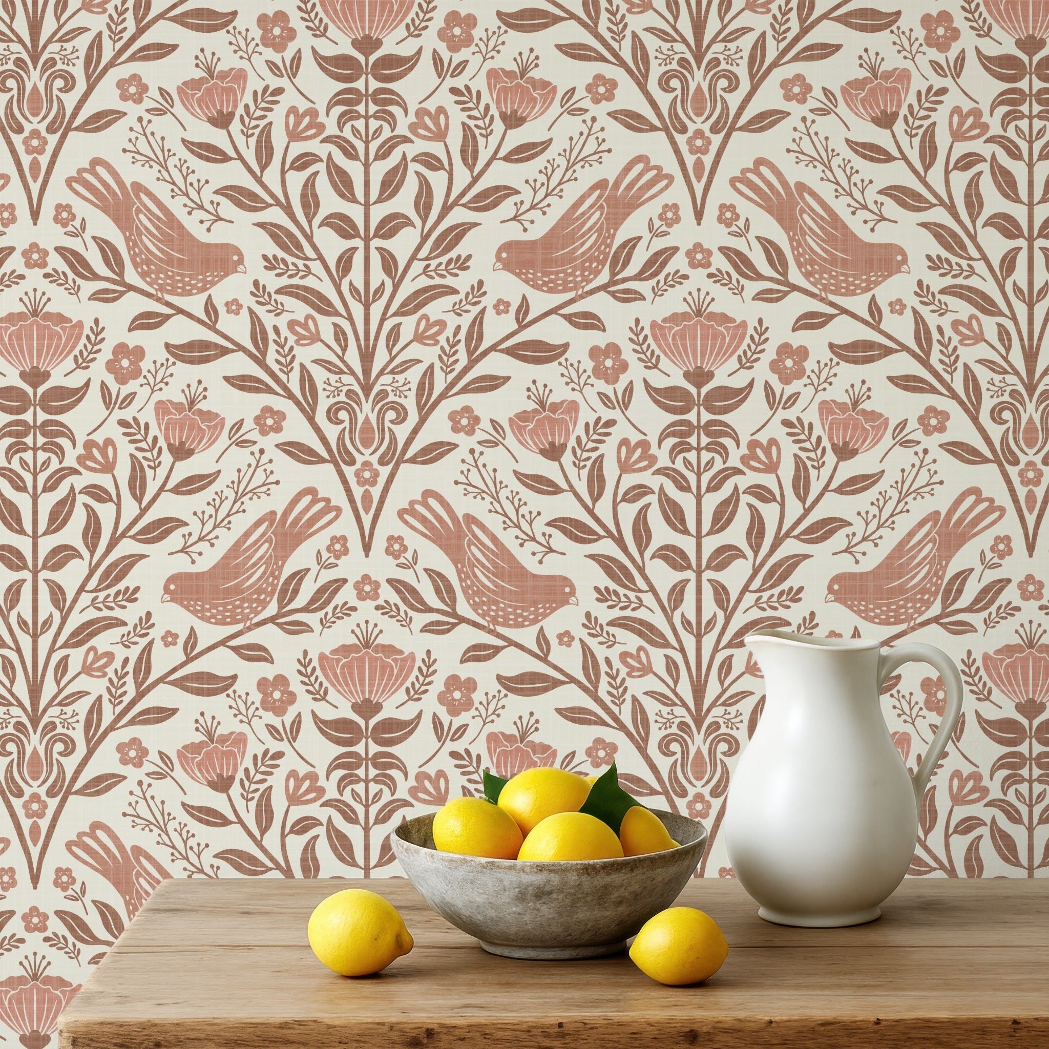 bird botanical wallpaper shown in peel and stick prepasted or traditional nonpasted with cherry blossom flowers in neutral brown and rust red